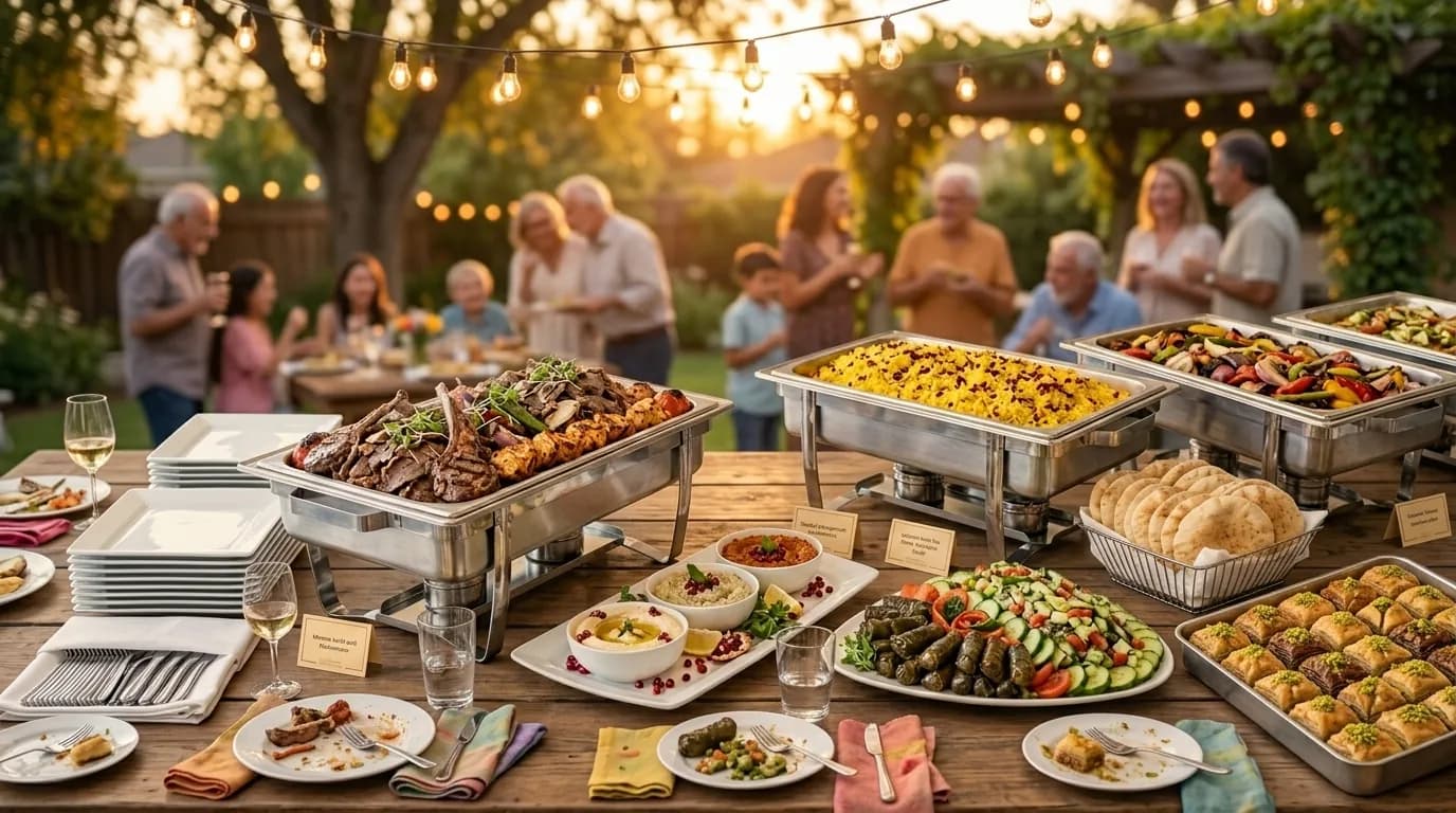 Turkish catering spread at a Long Island backyard graduation party — chafing dishes of kebab, rice pilaf and mezze