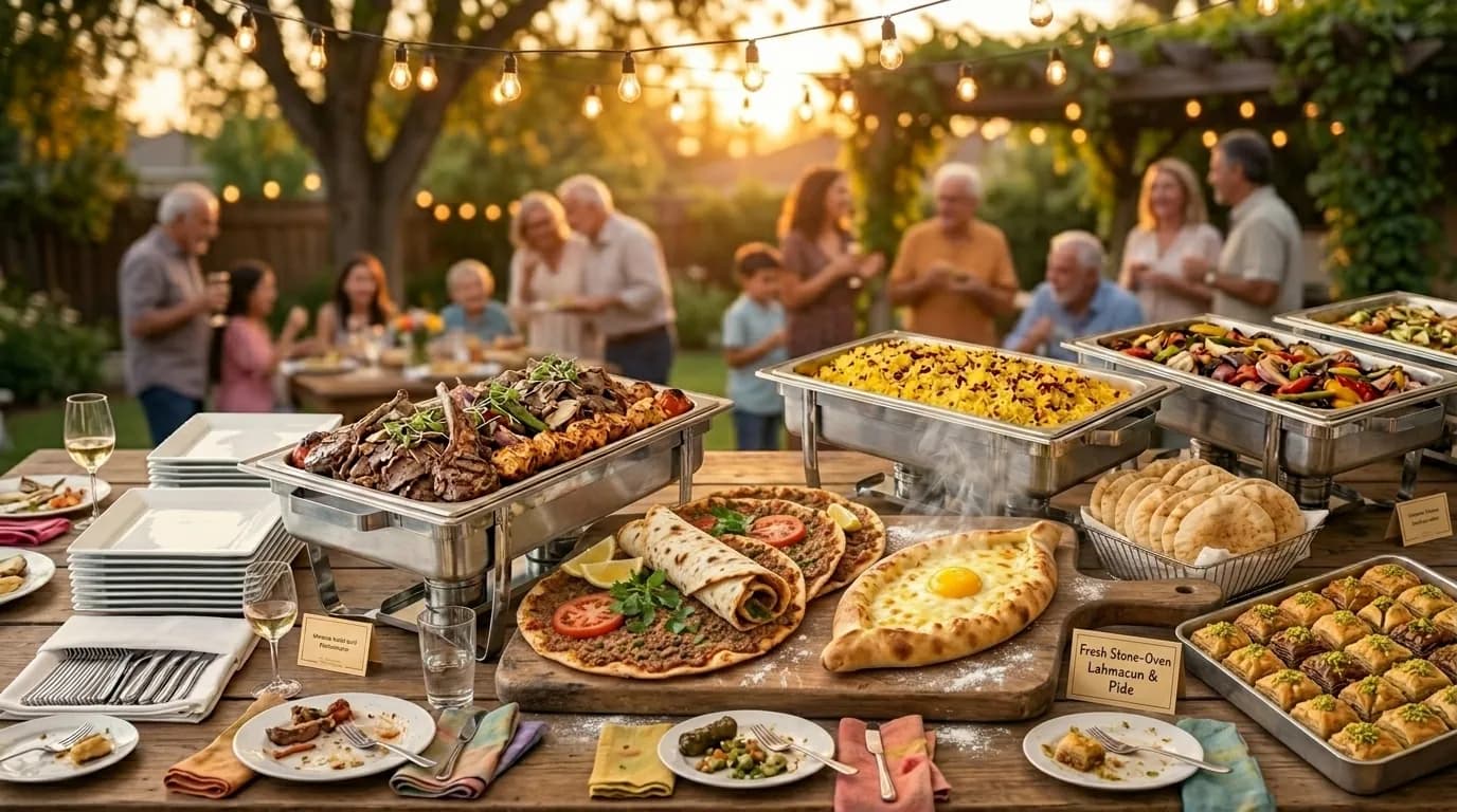 Outdoor catering table with lahmacun, pide, stuffed grape leaves and trays of homemade baklava