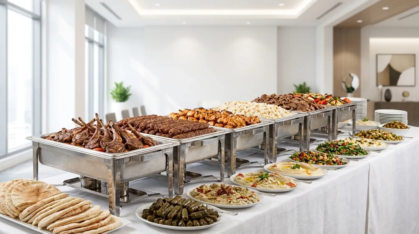 Full-service Turkish catering buffet by Pita House — kebab chafing dishes, rice pilaf, mezze and fresh pita for a Long Island corporate event