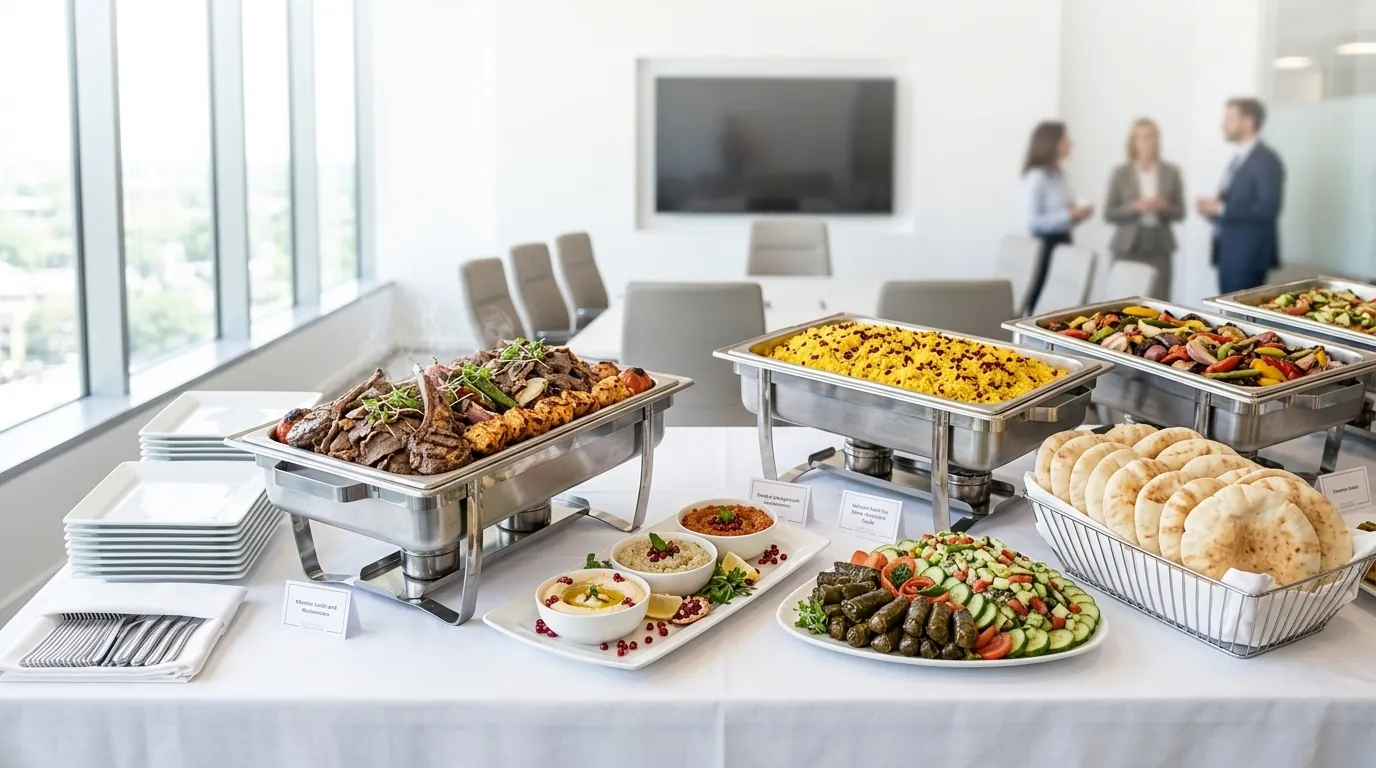 Corporate office catering buffet with Turkish kebabs, grilled vegetables, salads and warm pita bread