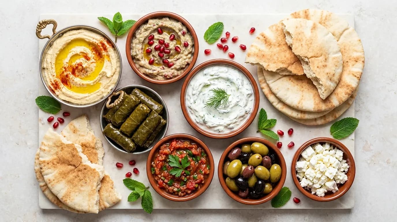 Turkish mezze spread shared at iftar - seasonal vegetables, dips and flatbread